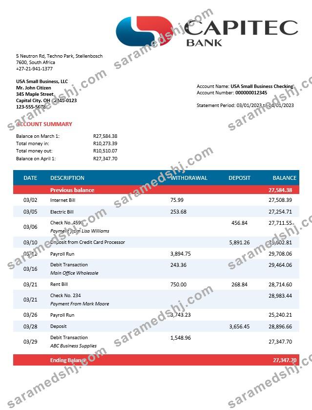 Capitec Bank firm account statement Word and PDF template